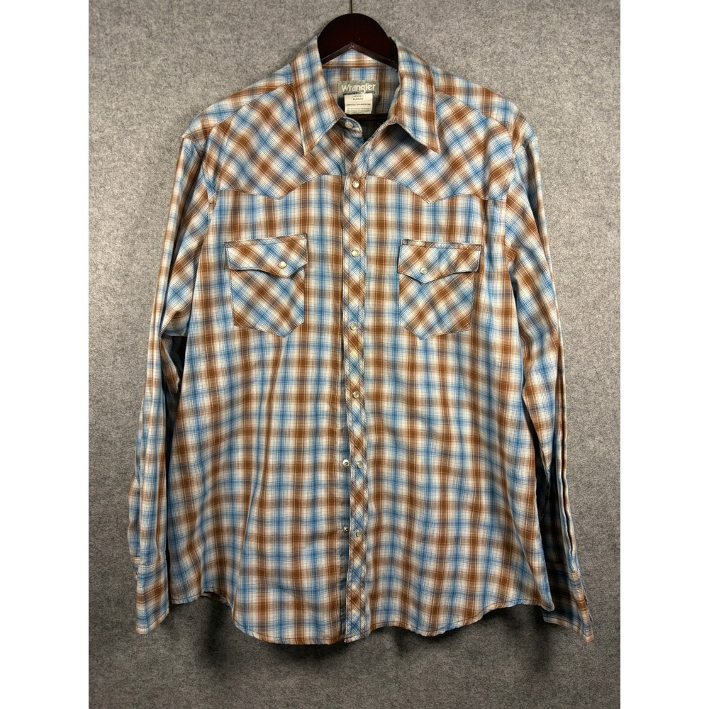 Wrangler Wrancher Mens XL Blue Brown Plaid Western Pearl Snap Shirt 112323671
